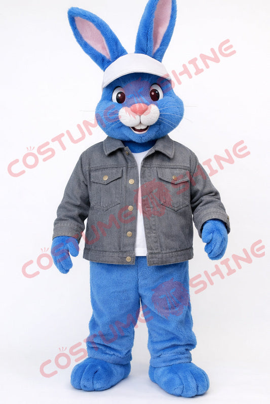 Blue Rabbit Mascot Costume with Denim Jacket – Adult Size